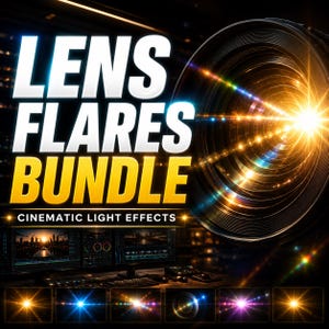 Może przedstawiać: Grafika cyfrowa z tekstem LENS FLARES BUNDLE CINEMATIC LIGHT EFFECTS. Obraz przedstawia duży obiektyw aparatu z jasnym złotym rozbłyskiem światła, stanowisko komputerowe z oprogramowaniem do edycji oraz sześć małych próbek efektów świetlnych.