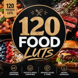 Könnte beinhalten: Eine digitale Produktgrafik mit dem Text 120 FOOD LUTs in großen goldenen und weißen Buchstaben auf einem schwarzen kreisförmigen Hintergrund. Symbole für Gabel und Löffel sind über dem Text zentriert, ergänzt durch weitere Beschriftungen.