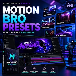 Peut inclure: Un ensemble de logiciels numériques intitulé Motion Bro Presets pour After Effects, comprenant une boîte physique, un écran d'ordinateur affichant un logiciel d'animation et des panneaux flottants présentant des transitions, des effets de lueur et des animations fluides.
