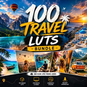 May include: A digital bundle of 100 travel LUTs for photo and video editing. The graphic features the text 100 TRAVEL LUTS BUNDLE, a hot air balloon, a palm tree, and various travel scenes including beaches, mountains, and a van.