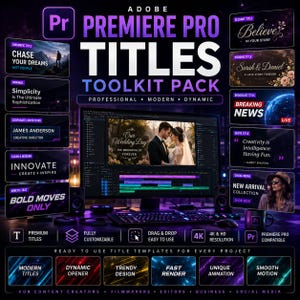 May include: A digital Adobe Premiere Pro titles toolkit pack featuring various text templates, including cinematic, wedding, and broadcast styles. The display shows a video editing interface with a wedding scene, surrounded by multiple title design examples.