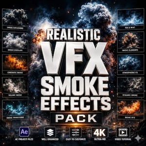 May include: A digital product display titled REALISTIC VFX SMOKE EFFECTS PACK featuring large metallic text over a background of various smoke and explosion visuals. Ten smaller rectangular thumbnails show smoke types including fog, cinematic, and dynamic.