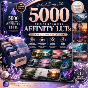 May include: A digital product collection titled 5000 Professional Affinity LUTs, featuring a dark blue box with labeled dividers, a grid of twelve sample image thumbnails, and rose gold text accents. The design includes purple crystal graphics.