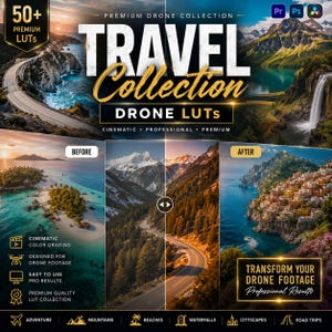 May include: A digital collection of 50+ premium drone LUTs for video editing software. The graphic features text reading TRAVEL COLLECTION DRONE LUTs, showcasing before and after color grading examples of coastal roads, mountains, and seaside towns.
