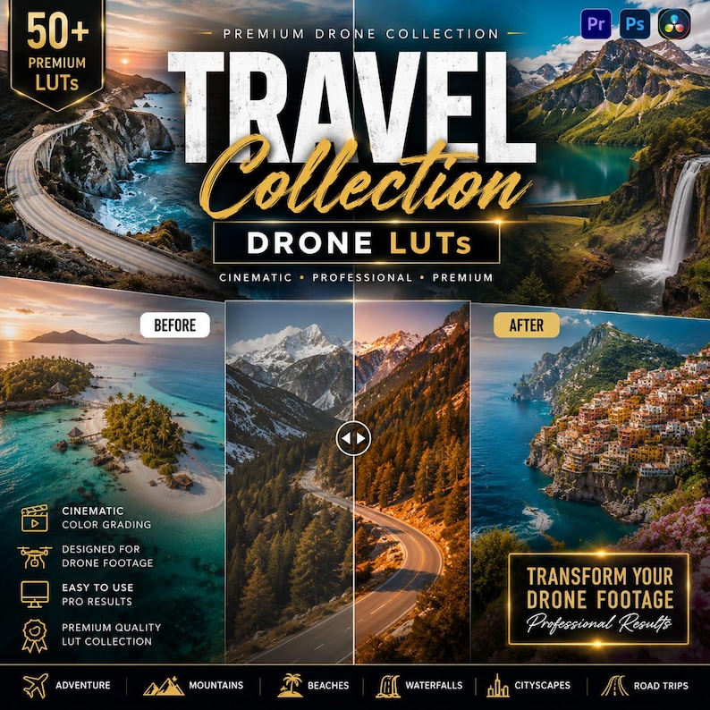 May include: A digital collection of 50+ premium drone LUTs for video editing software. The graphic features text reading TRAVEL COLLECTION DRONE LUTs, showcasing before and after color grading examples of coastal roads, mountains, and seaside towns.