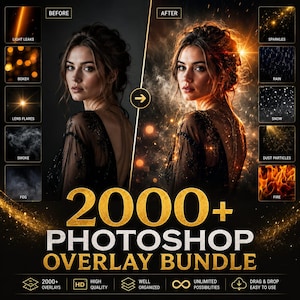 May include: A digital product bundle featuring 2000+ Photoshop overlays. The image displays a before and after comparison of a portrait with various effects like light leaks, bokeh, lens flares, smoke, fog, sparkles, rain, snow, dust, and fire.