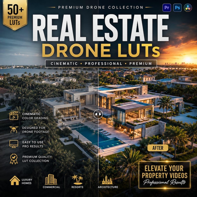 May include: A digital collection of 50+ premium drone LUTs for real estate video editing. The graphic features a split-screen comparison of a modern luxury home with a pool, showcasing cinematic color grading, professional results, and software icons.