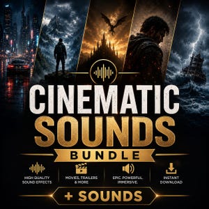 以下が含まれることがあります： Cinematic Sounds Bundleのデジタルグラフィック。都市の通り、山のハイカー、ドラゴンがいる城、横顔の人物、嵐の中の船という5つの異なるシーンが描かれています。テキストにはCinematic Sounds Bundleおよび+ Soundsと記載されています。