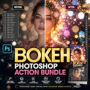 May include: A digital Photoshop action bundle featuring a split-screen comparison of a portrait before and after applying bokeh effects. The image displays the text BOKEH PHOTOSHOP ACTION BUNDLE, a list of action presets, and a computer monitor.