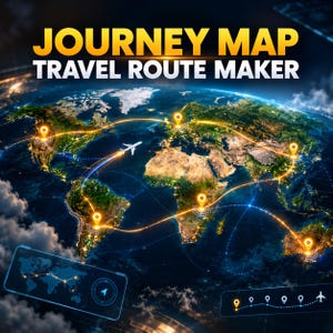 May include: A digital graphic titled JOURNEY MAP TRAVEL ROUTE MAKER featuring a satellite view of Earth with glowing orange flight paths connecting various locations marked by yellow pins, a white airplane icon, and two smaller interface panels.
