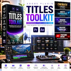 May include: An Adobe plugin Titles Toolkit software package for Premiere Pro and After Effects. The box displays mountain scenery and text including Cinematic Titles, Kinetic Typography, Modern Lower Thirds, Creative Animation, and YouTube Intro.