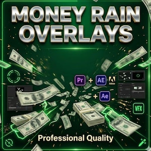 Może przedstawiać: Cyfrowa grafika z tekstem MONEY RAIN OVERLAYS oraz Professional Quality na ciemnozielonym tle. Widoczne są spadające banknoty dolar&oacute;w amerykańskich oraz ikony oprogramowania Adobe Premiere Pro, After Effects i VFX.