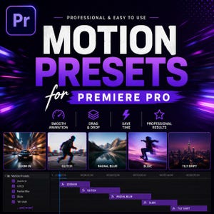 May include: A digital graphic for Adobe Premiere Pro motion presets featuring the text Professional & Easy to Use Motion Presets for Premiere Pro. It displays five video effect examples including zoom in, glitch, radial blur, slide, and tilt shift.