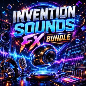 Op de afbeelding: Een digitale afbeelding met de tekst INVENTION SOUNDS FX BUNDLE in blauwe en witte letters. De scène bevat een centrale bolvormige luidspreker, een professionele microfoon, een zwarte koptelefoon en een mengpaneel met verlichting.