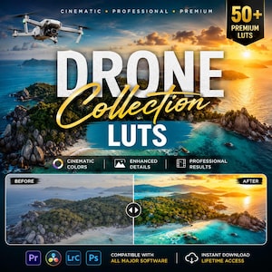 May include: A digital product advertisement for a collection of 50+ premium LUTs for drone footage. The graphic features a white drone, tropical island scenery, and a split-screen comparison showing before and after color grading effects.