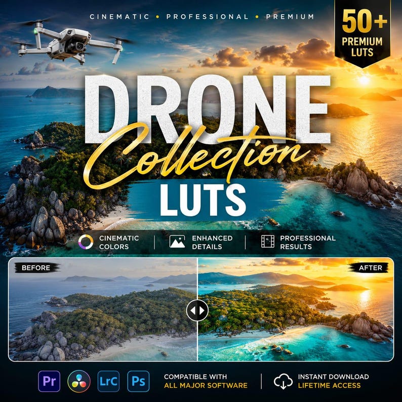 May include: A digital product advertisement for a collection of 50+ premium LUTs for drone footage. The graphic features a white drone, tropical island scenery, and a split-screen comparison showing before and after color grading effects.