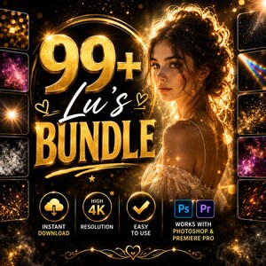 May include: A digital graphic bundle advertisement featuring the text 99+ Lu's BUNDLE in gold lettering. The image displays a person with glowing hair, surrounded by golden light effects, small heart icons, and icons for instant download, 4K resolution, and software compatibility for Photoshop and Premiere Pro.
