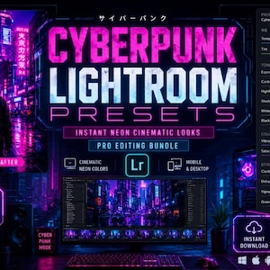 Può includere: Un pacchetto di prodotti digitali con preset Lightroom Cyberpunk e testo al neon rosa e blu. Il display mostra un confronto prima e dopo di una strada cittadina, un pannello di modifica Lightroom con cursori e icone per dispositivi mobili e desktop.