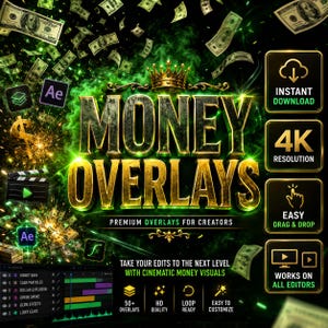Może przedstawiać: Grafika cyfrowa z napisem MONEY OVERLAYS w złotych literach 3D pod koroną. Tło przedstawia zielony dym, unoszące się banknoty dolarowe i ikony oprogramowania. Pasek boczny wymienia funkcje, takie jak natychmiastowe pobieranie i rozdzielczość 4K.