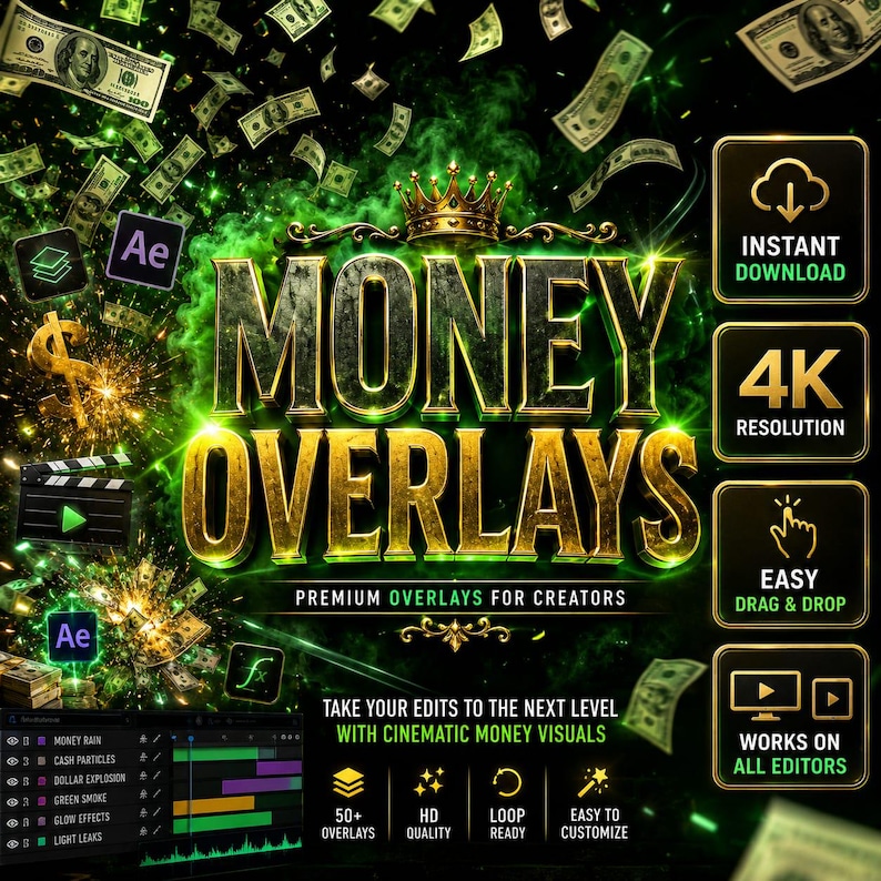 Może przedstawiać: Grafika cyfrowa z napisem MONEY OVERLAYS w złotych literach 3D pod koroną. Tło przedstawia zielony dym, unoszące się banknoty dolarowe i ikony oprogramowania. Pasek boczny wymienia funkcje, takie jak natychmiastowe pobieranie i rozdzielczość 4K.