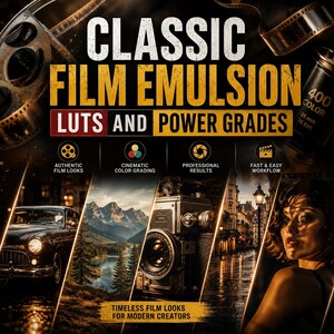 以下が含まれることがあります： CLASSIC FILM EMULSION LUTS AND POWER GRADESというテキストが記載されたデジタルグラフィック。フィルムリール、35mmフィルムカートリッジ、そしてクラシックカー、山、カメラ、ポートレートが写る4つの写真パネルで構成されています。