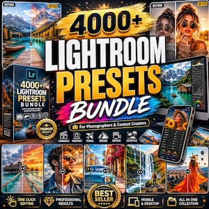 Op de afbeelding: Promotieafbeelding voor een Lightroom presets bundel. Het ontwerp toont de tekst "4000+ Lightroom Presets Bundle" in goud en wit. Het bevat voor- en na-fotovoorbeelden, een productdoos en pictogrammen voor verschillende fotostijlen.