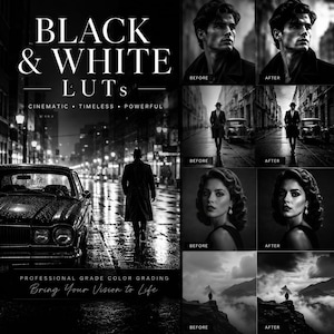 Black And White LUTs Pack, Cinematic Monochrome LUTs, Film Look Color Grading Presets, Premiere Pro LUTs, DaVinci Resolve LUTs, Video Editin