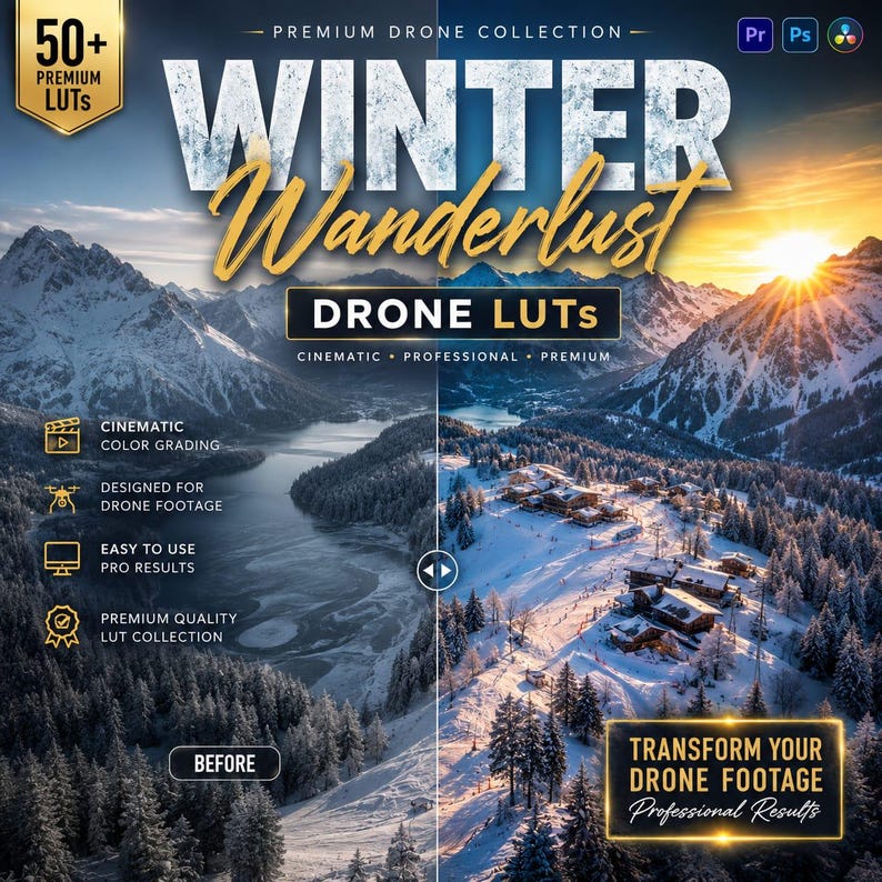 May include: A digital product advertisement for Winter Wanderlust Drone LUTs featuring a split-screen comparison of a snowy mountain landscape. The text includes 50+ Premium LUTs, Cinematic Color Grading, and Transform Your Drone Footage Professional Results.