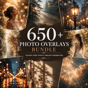 Könnte beinhalten: Eine digitale Sammlung mit dem Titel 650+ PHOTO OVERLAYS BUNDLE ELEVATE EVERY PHOTO. ENDLESS POSSIBILITIES. Das Bild zeigt eine Collage aus verschiedenen fotografischen Effekten wie Sonnenstrahlen, Bokeh-Lichtern, Regen und Blumengärten.