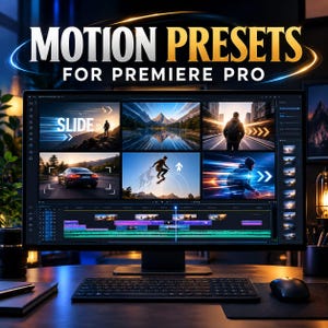 Pode incluir: Um monitor de computador exibindo software de edição de vídeo com o texto MOTION PRESETS FOR PREMIERE PRO no topo. A tela mostra uma grade de seis clipes de vídeo com efeitos de movimento, incluindo um carro, um skatista e paisagens.