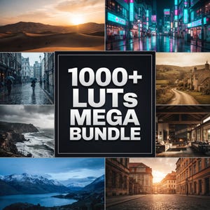 May include: A digital product graphic featuring the text 1000+ LUTs MEGA BUNDLE in white bold letters on a black square background, surrounded by a collage of eight diverse landscape and urban photography scenes including deserts, city streets, and mountains.