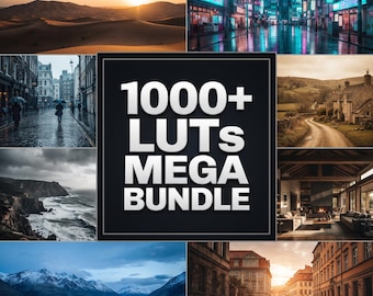 May include: A digital product graphic featuring the text 1000+ LUTs MEGA BUNDLE in white bold letters on a black square background, surrounded by a collage of eight diverse landscape and urban photography scenes including deserts, city streets, and mountains.