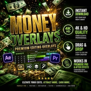 Może przedstawiać: Cyfrowa reklama produktu Money Overlays ze złotym tekstem 3D, unoszącymi się banknotami dolarowymi oraz ikonami Adobe After Effects i Premiere Pro. Grafika zawiera etykiety tekstowe dotyczące natychmiastowego pobierania i jakości 4K HD.