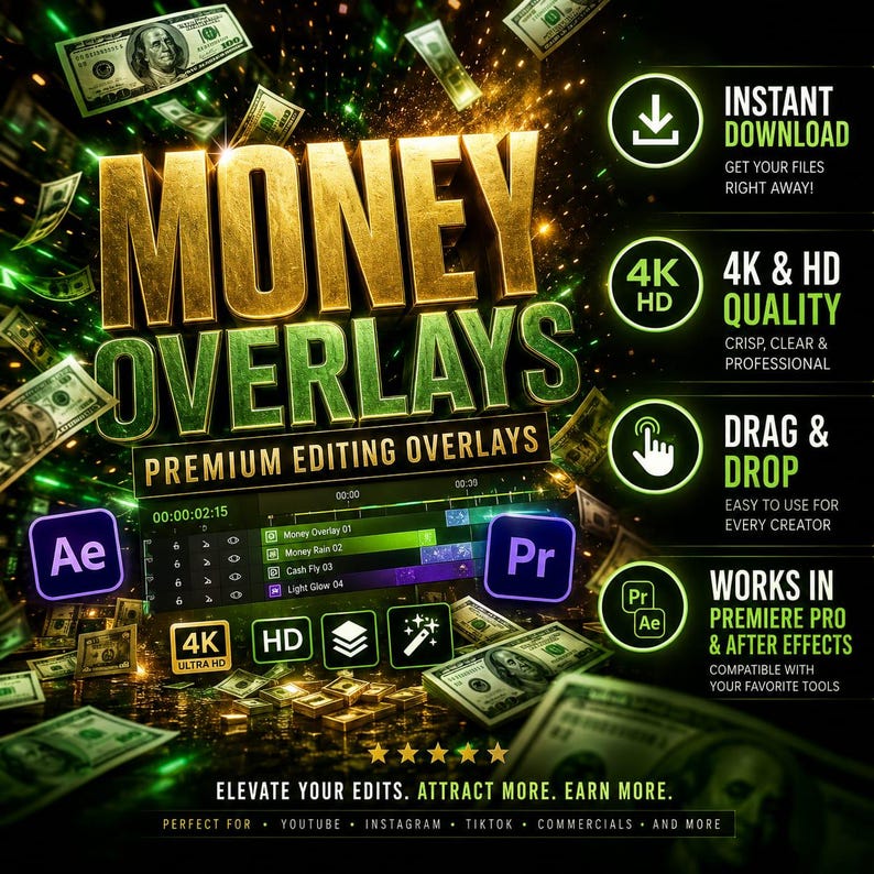 Może przedstawiać: Cyfrowa reklama produktu Money Overlays ze złotym tekstem 3D, unoszącymi się banknotami dolarowymi oraz ikonami Adobe After Effects i Premiere Pro. Grafika zawiera etykiety tekstowe dotyczące natychmiastowego pobierania i jakości 4K HD.