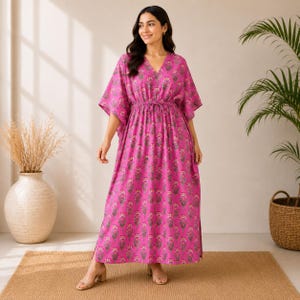 Pink Floral Hand Block Cotton Kaftan Dress | Handmade Boho Maxi Beach Cover Up