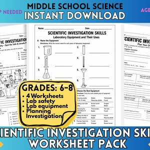 May include: A middle school science worksheet pack featuring three pages titled Scientific Investigation Skills. The pages include exercises on lab safety, identifying laboratory equipment, and planning investigations for grades 6-8.