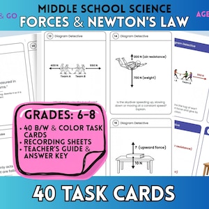 Forces and Newton's Laws Task Cards | Middle School Physics | Grades 6–8 Science Worksheets | Net Force & Motion