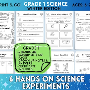May include: A Grade 1 winter science journal activity set featuring 20 pages of printable worksheets. The black and white pages include experiments like Ice Race, Candy Cane Melt, and Do Mittens Make Heat, with instructions for children aged 6-7.