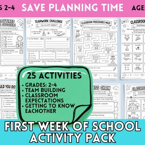 May include: A collection of black and white printable classroom activity sheets for grades 2-4, featuring titles like Our Routines Help Us Succeed, Teamwork Challenge, Classroom Procedures Maze, Classroom Bingo, and What Would You Do.