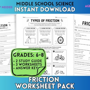 May include: A middle school science friction worksheet pack featuring three pages of educational content. The documents include a review and apply sheet, a types of friction study guide with illustrations, and a multiple choice friction quiz.