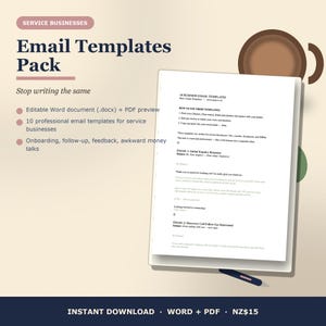 May include: A digital product display featuring an Email Templates Pack for service businesses. The text includes instructions for editable Word documents and PDF previews, listing 10 professional templates for onboarding and follow-up tasks.