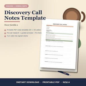May include: A Discovery Call Notes Template for coaches and consultants. The document features sections for pre-call details, a prep checklist, and guided prompts for the call, including current situation, desired outcome, gap, timeline, and fit check.