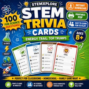 Könnte beinhalten: Ein Set STEMXPLORE STEM Trivia-Karten mit 100 wissenschaftlichen Fragen. Das Spiel enthält Karten für Gras, Hai, Pilze und Löwe, die Energiewert, Gewicht, Lebensdauer, Geschwindigkeit und trophische Ebene anzeigen. Das Design ist blau und grün.