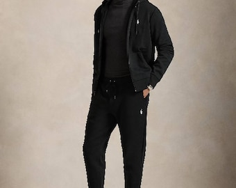 Pantalones deportivos casuales para hombre, pantalones de punto doble negros, pantalones de chándal con cordón ajustable, ropa cómoda para el día a día.