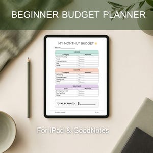 May include: A digital tablet displaying a monthly budget planner template with sections for needs, wants, and savings. The screen shows text including MY MONTHLY BUDGET, categories for rent, food, and bills, and a total planned field with dollar signs.