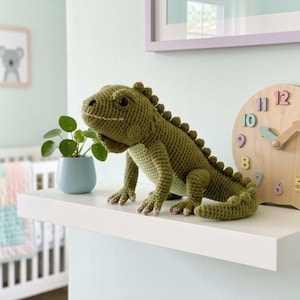 Virkmönster för amigurumi av realistiska gröna leguaner i PDF-format, handledning för gosedjur av ödla, DIY-mönster för reptiler och plysch för mellannivå, digital nedladdning