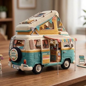 May include: A crocheted camper van model featuring a pop-up roof, teal and cream body, and a spare tire cover with the text "HAPPY CAMPER". The van includes a striped awning, interior details, a ladder, and a small campfire set with a chair nearby.