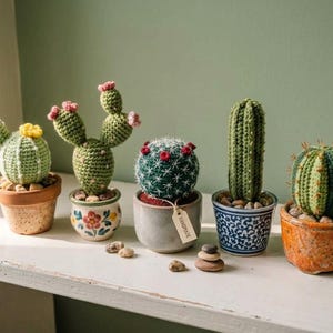 May include: Five crocheted cactus plants in various pots. The first is light green with a yellow flower, the second is a branched green cactus with pink flowers, the third is dark green with red flowers and a tag, the fourth is tall and green, and the fifth is a round green cactus in an orange pot.