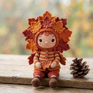 Puede incluir: Una muñeca de ganchillo hecha a mano vestida con colores otoñales. La muñeca lleva un tocado en forma de hoja, un suéter a rayas y pantalones a juego. Una piña se encuentra junto a la muñeca sobre una superficie de madera. El atuendo de la muñeca es principalmente naranja, marrón y beige.