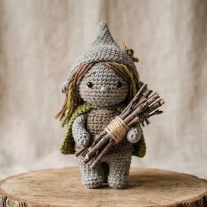 May include: A crocheted doll with a gray pointed hat, brown and green yarn hair, and a green cape. The doll has a round gray body and holds a small bundle of thin, dark brown wooden twigs tied together with light tan twine in its hands.